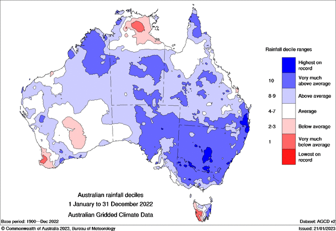Map showing Australia's rainfall as described in text.